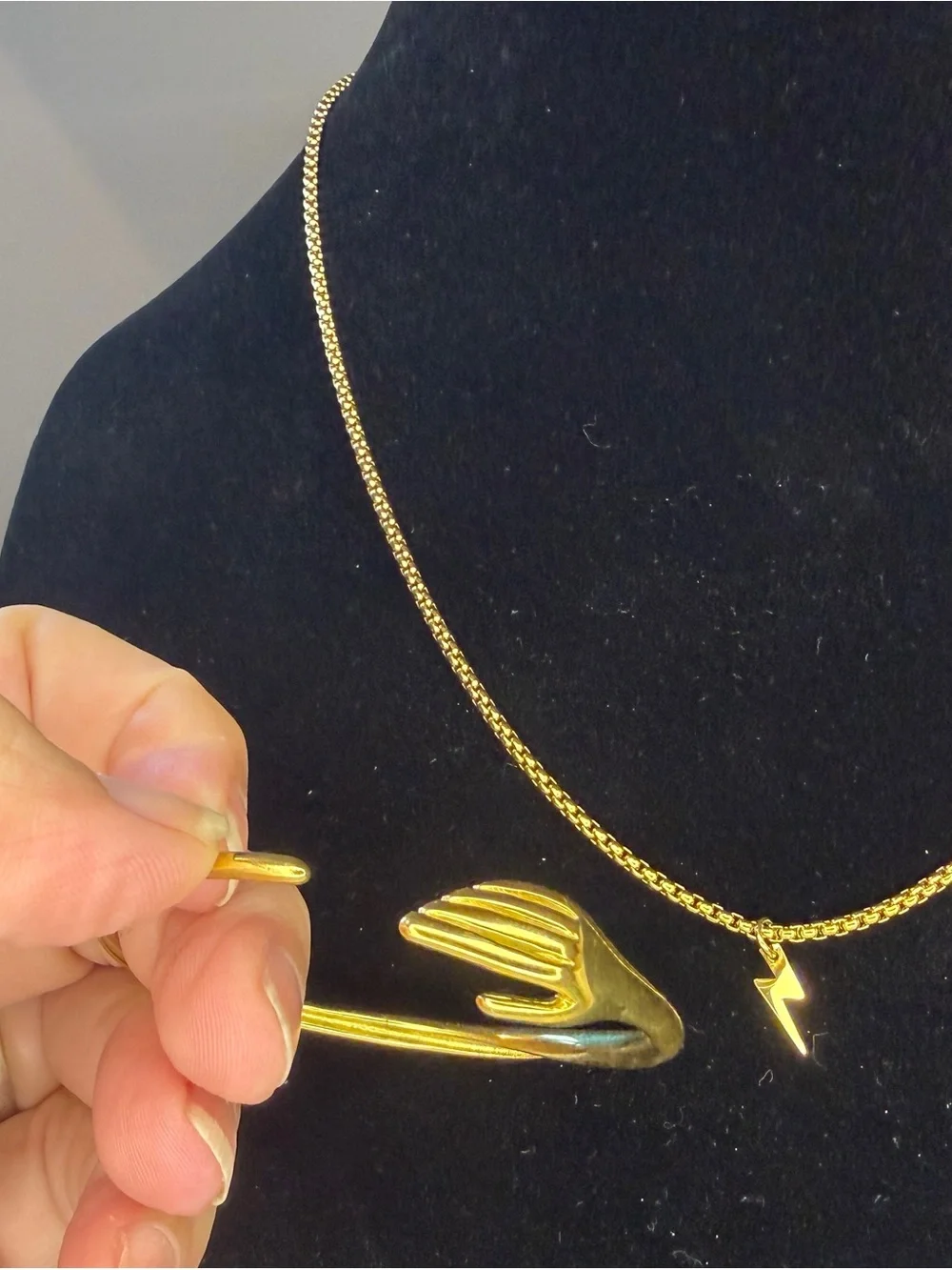 Gold Tone Fashion Hand Bracelet & Stainless Steel Lightening Bolt Necklace Set